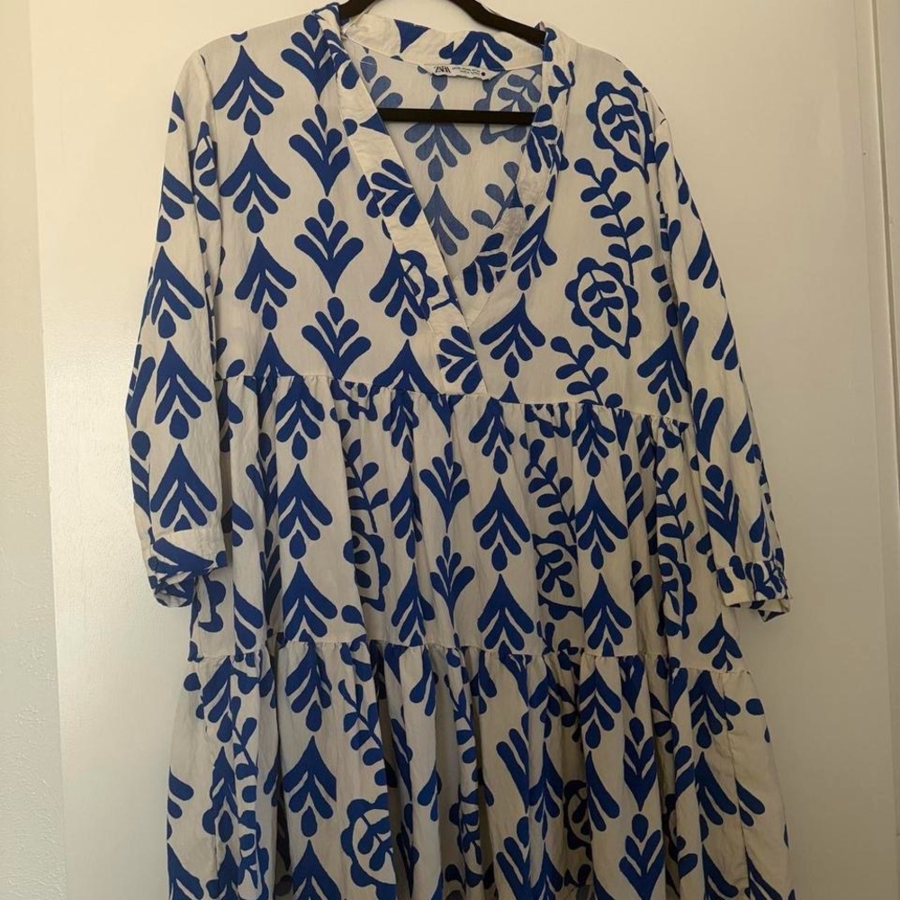 Zara Long Sleeve Dress in Blue and White